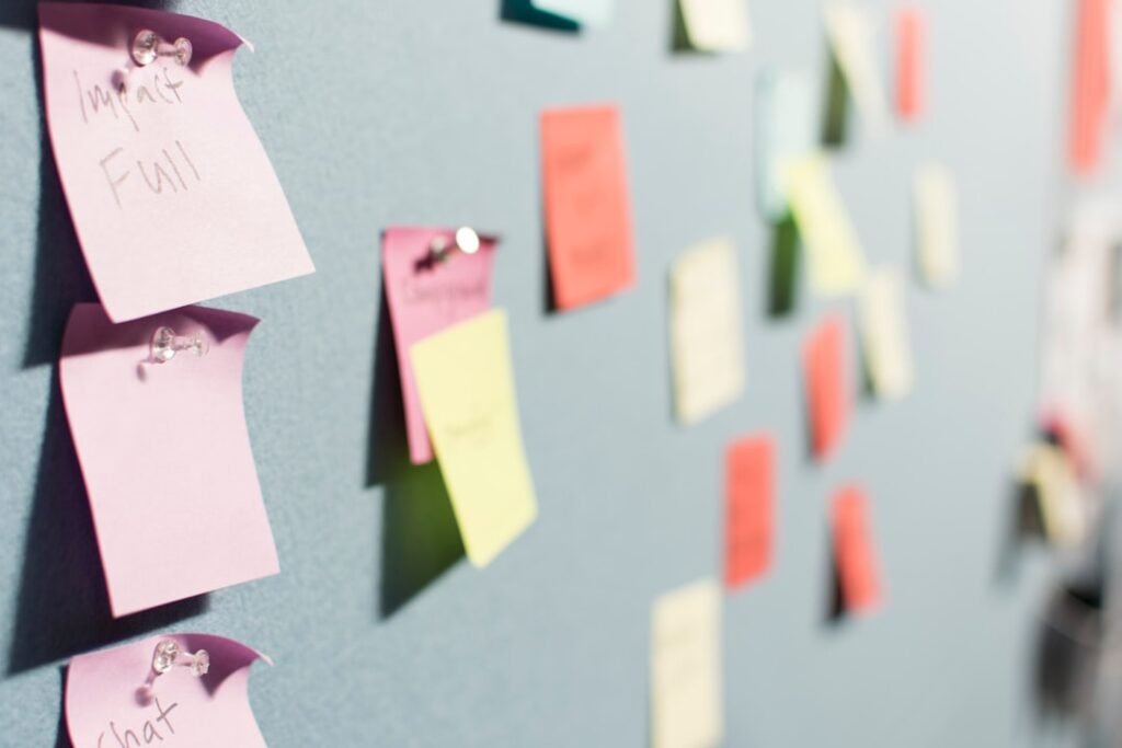 Sticky notes clustered on a wall during a problem definition session